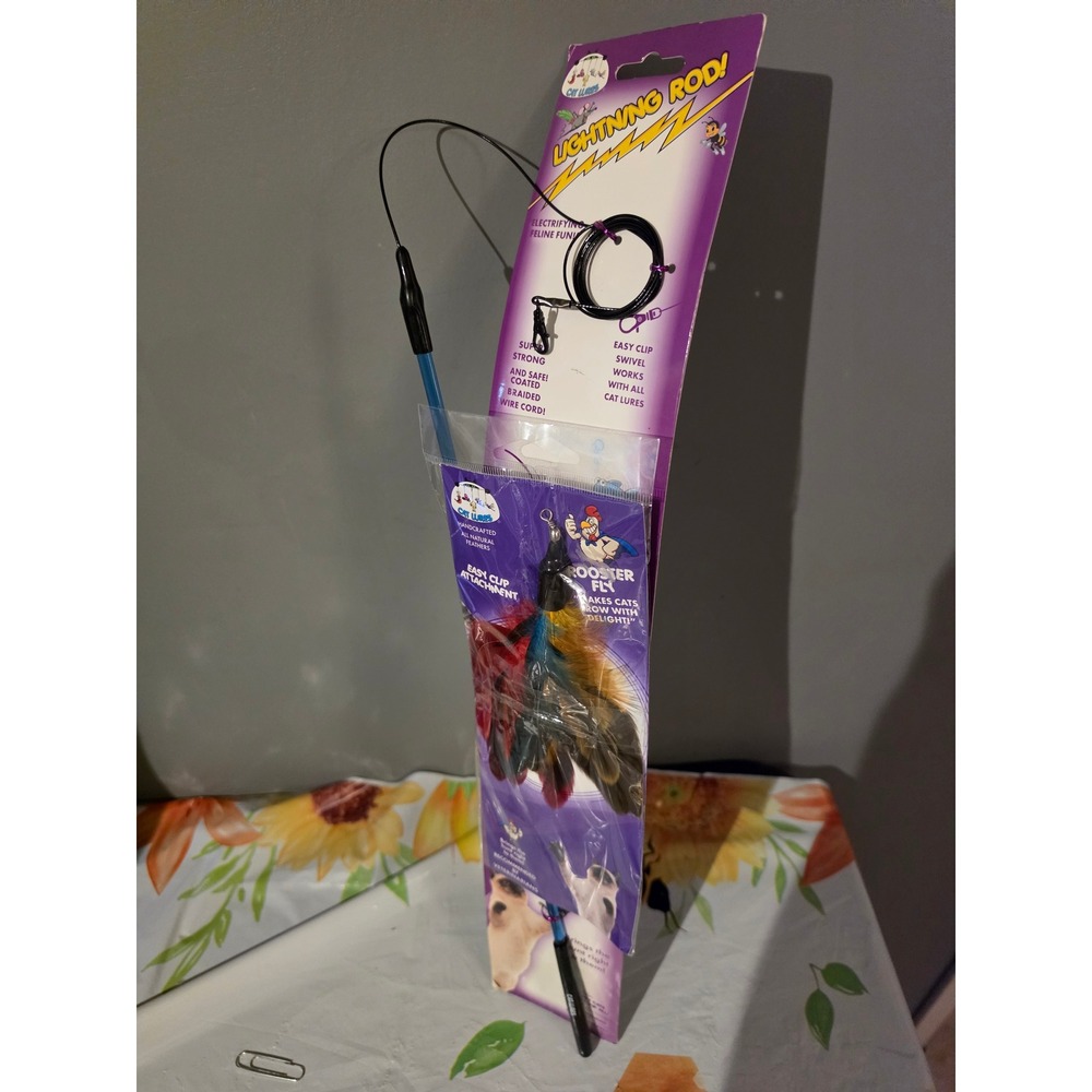 Cat Lures Lightning Rod Wand and Rooster Fly Feather Attachment Teaser Toy Set